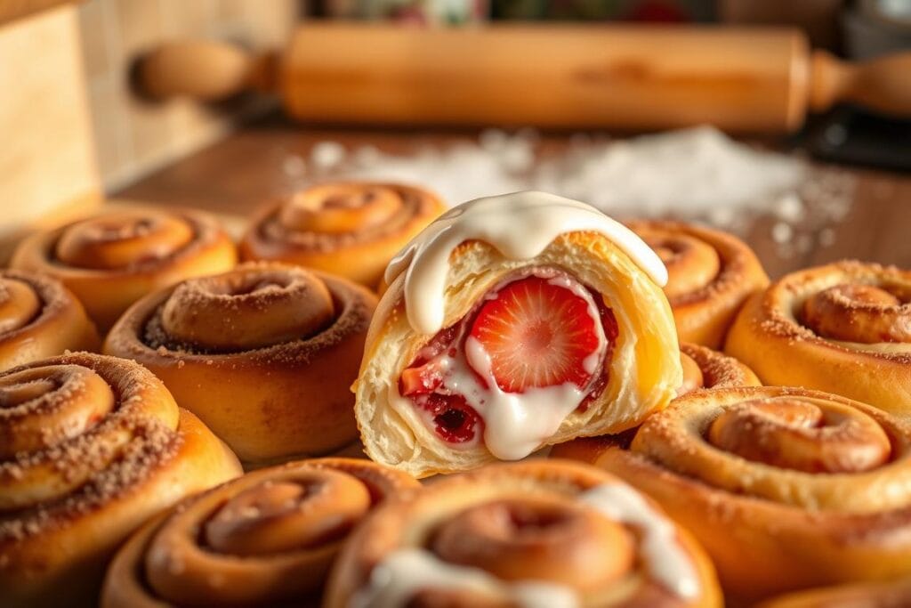 Warm, inviting kitchen filled with the aroma of freshly baked strawberry cinnamon rolls. In the foreground, a dozen perfectly shaped rolls, golden-brown tops dusted with a light sprinkling of cinnamon sugar. The center roll, sliced open, reveals a vibrant pink strawberry filling oozing with sweetness. Soft, fluffy dough and a rich, creamy frosting drizzled over the top. Warm, directional lighting casts a cozy glow, highlighting the delicate texture. A vintage rolling pin and flour-dusted surface in the background set the scene of homemade baking. The overall mood is comforting, nostalgic, and mouthwatering. Warm, inviting kitchen filled with the aroma of freshly baked strawberry cinnamon rolls. In the foreground, a dozen perfectly shaped rolls, golden-brown tops dusted with a light sprinkling of cinnamon sugar. The center roll, sliced open, reveals a vibrant pink strawberry filling oozing with sweetness. Soft, fluffy dough and a rich, creamy frosting drizzled over the top. Warm, directional lighting casts a cozy glow, highlighting the delicate texture. A vintage rolling pin and flour-dusted surface in the background set the scene of homemade baking. The overall mood is comforting, nostalgic, and mouthwatering.