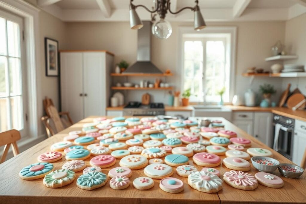 a bright, airy kitchen interior with a large wooden table in the center, covered in an assortment of colorful, homemade button cookies arranged in a visually appealing display. The cookies are adorned with intricate royal icing decorations, including swirls, dots, and geometric patterns in a variety of pastel hues. Overhead, a large window lets in natural light, casting a warm, soft glow over the scene. On the table, there are also various decorating tools, such as piping bags, icing tips, and small bowls of sprinkles. The overall mood is one of creativity, inspiration, and the joy of baking and decorating delightful treats. a bright, airy kitchen interior with a large wooden table in the center, covered in an assortment of colorful, homemade button cookies arranged in a visually appealing display. The cookies are adorned with intricate royal icing decorations, including swirls, dots, and geometric patterns in a variety of pastel hues. Overhead, a large window lets in natural light, casting a warm, soft glow over the scene. On the table, there are also various decorating tools, such as piping bags, icing tips, and small bowls of sprinkles. The overall mood is one of creativity, inspiration, and the joy of baking and decorating delightful treats.