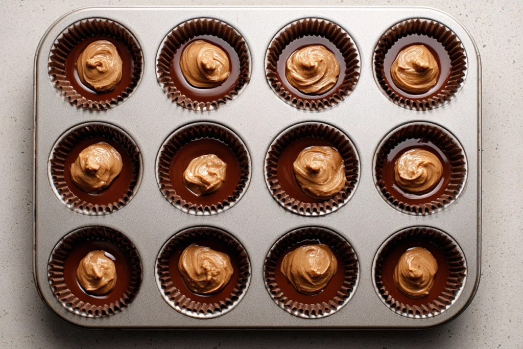 Peanut butter filling placed into chocolate-lined cups while making peanut butter cups