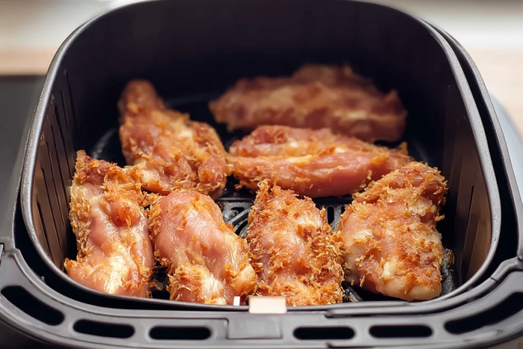 chicken tenders cooking in air fryer for honey butter garlic chicken