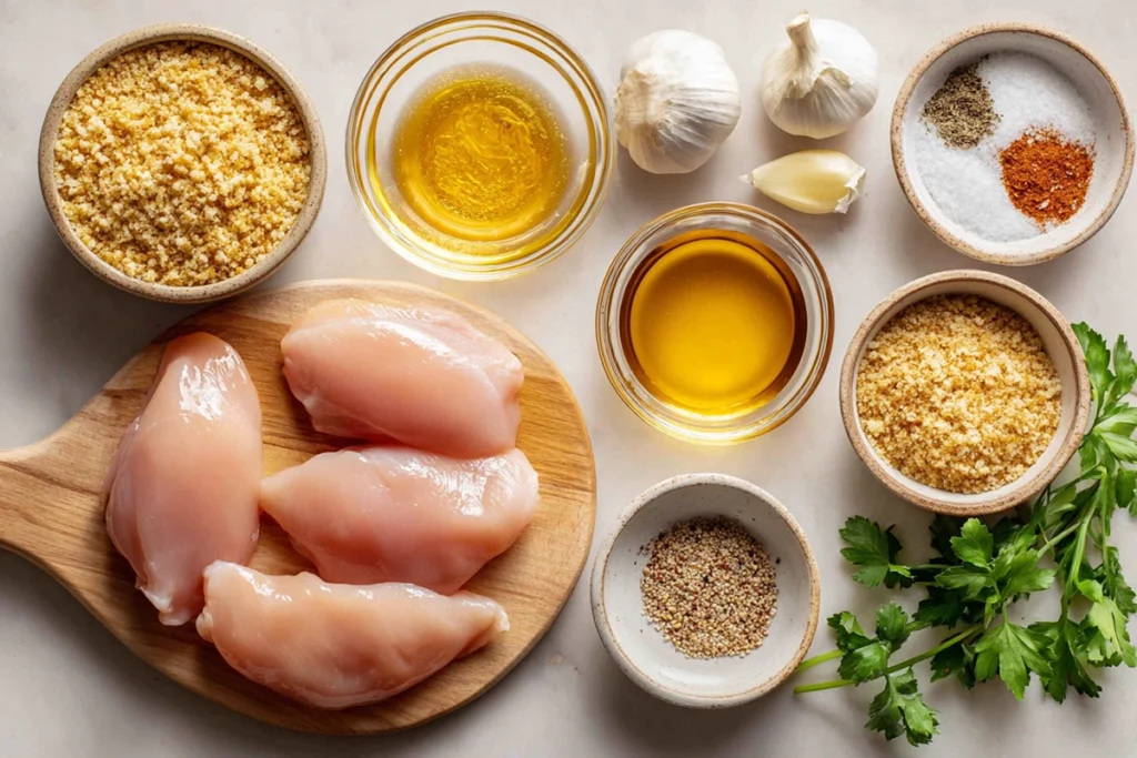 ingredients for air fryer honey butter garlic chicken arranged overhead