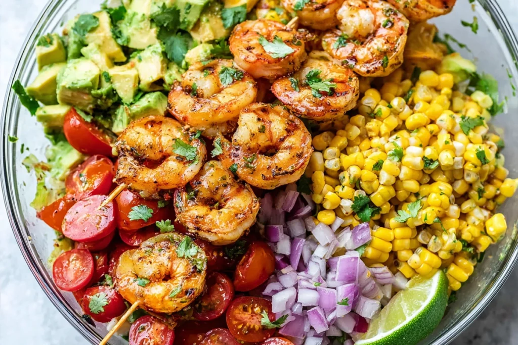 Assembling avocado corn salad with grilled shrimp in a bowl