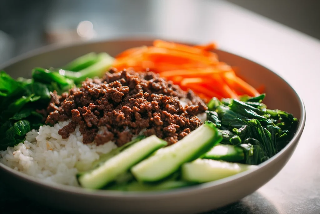 Assembling a Korean Ground Beef Bowl with rice and vegetables