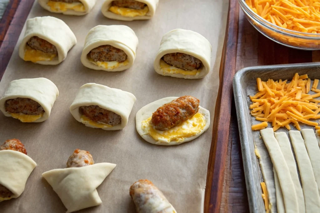 Baked Sausage Egg and Cheese Breakfast Roll Ups golden and flaky on a baking sheet