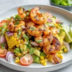 Avocado corn salad with grilled shrimp served on a modern plate