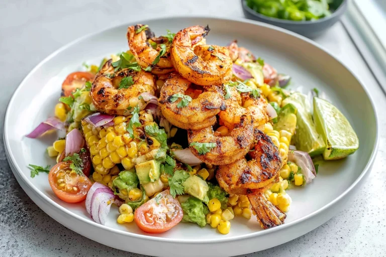 Avocado corn salad with grilled shrimp served on a modern plate