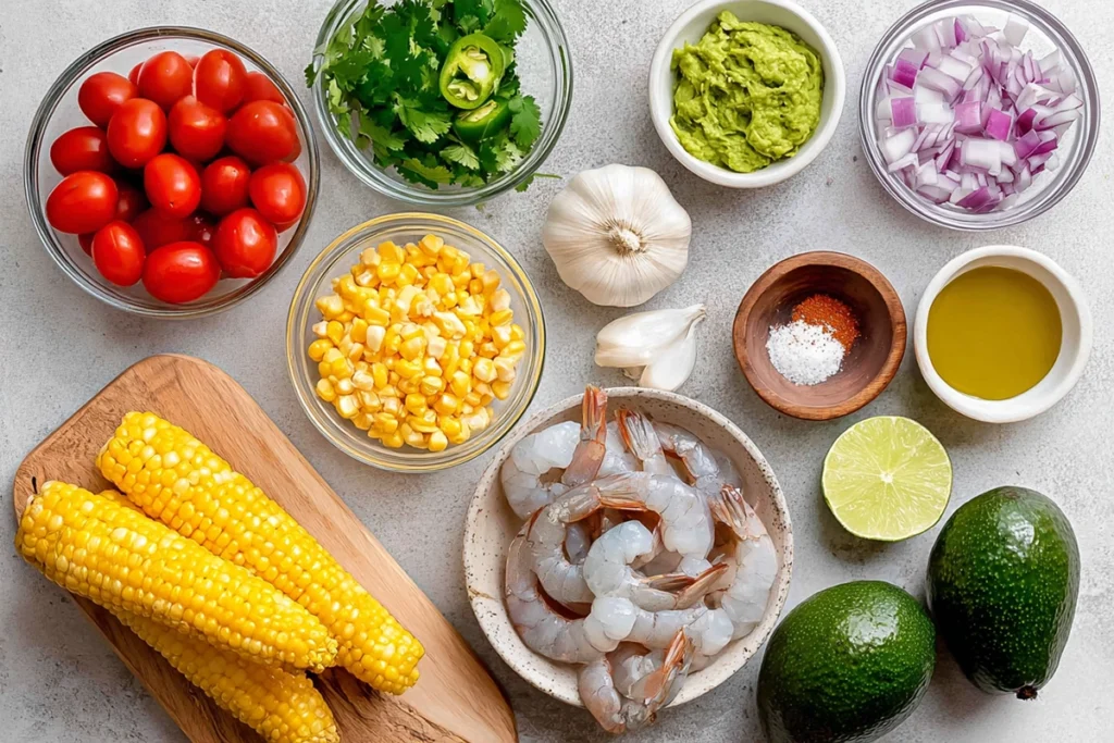 Ingredients for avocado corn salad with grilled shrimp arranged overhead