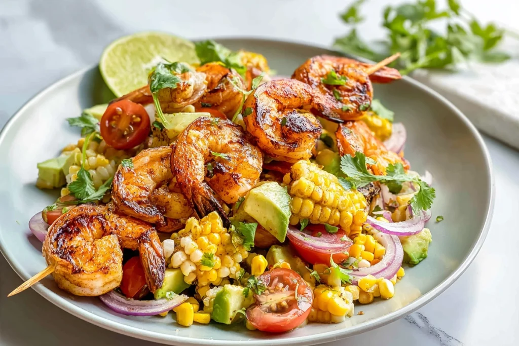 Avocado corn salad with grilled shrimp healthy recipe