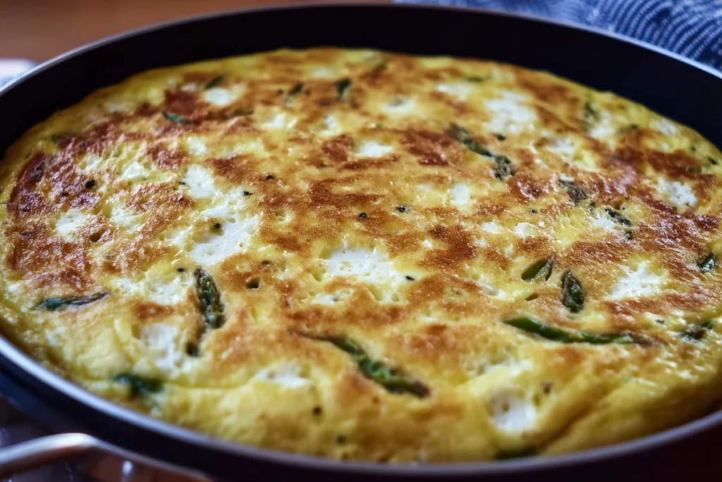 baked frittata with asparagus leek ricotta in skillet