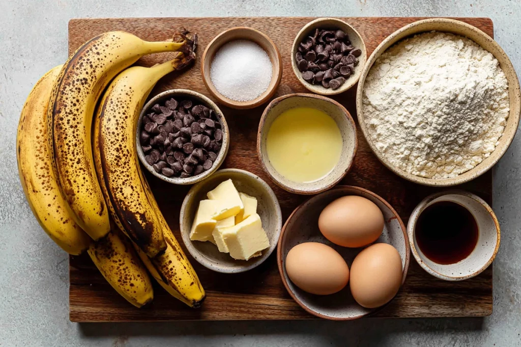 Ingredients for Banana Bread Cookies arranged overhead on a wooden kitchen counter