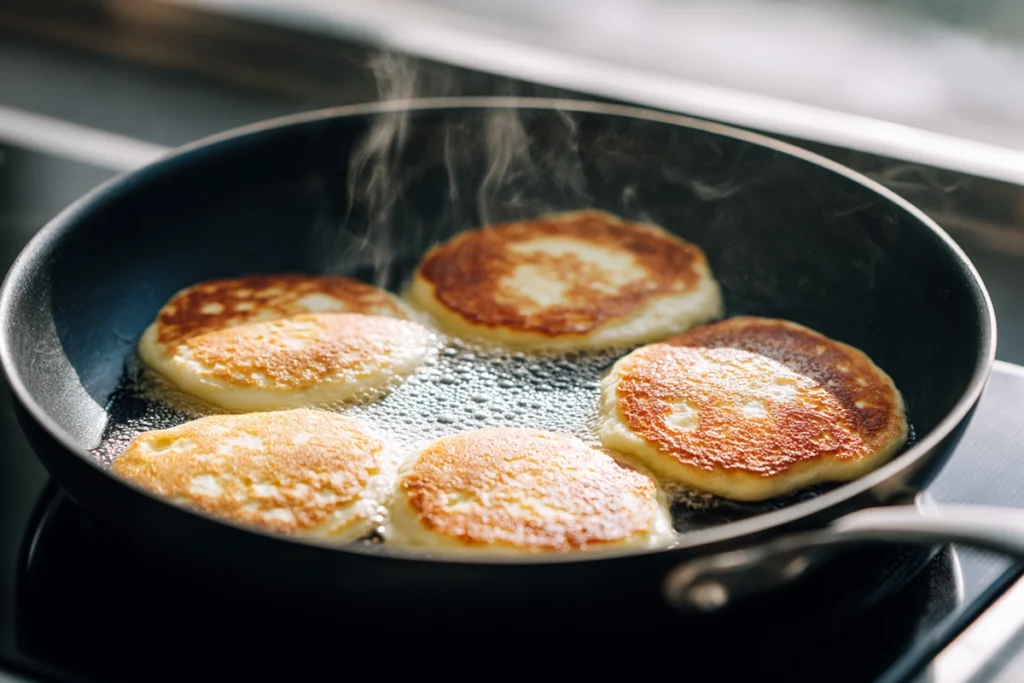 Banana Pancake Dippers cooking in a nonstick skillet