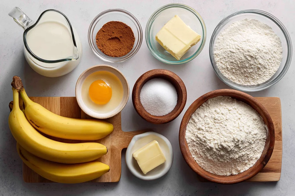 Ingredients for Banana Pancake Dippers arranged neatly on a counter