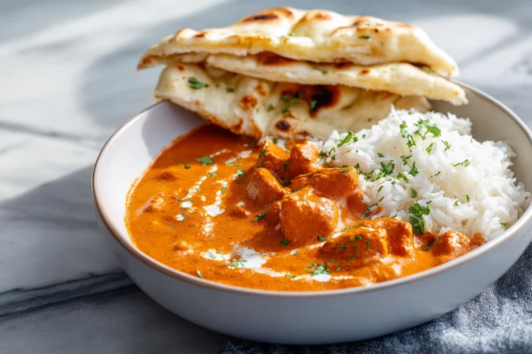 Creamy Butter Chicken With Soft Fluffy sauce shown up close just before serving