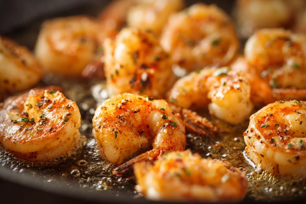 Cajun shrimp cooking in skillet for steak alfredo pasta