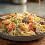 Cajun shrimp and steak alfredo pasta plated with creamy sauce and fresh herbs