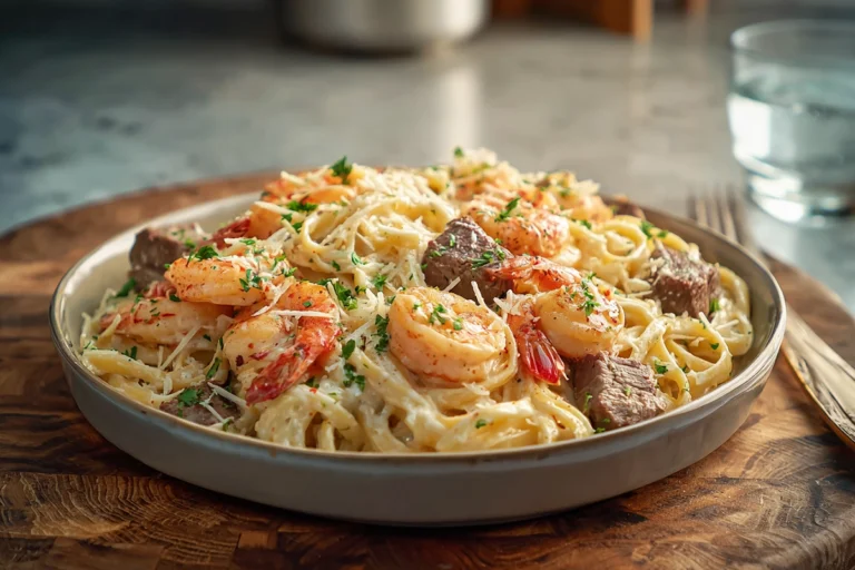 Cajun shrimp and steak alfredo pasta plated with creamy sauce and fresh herbs