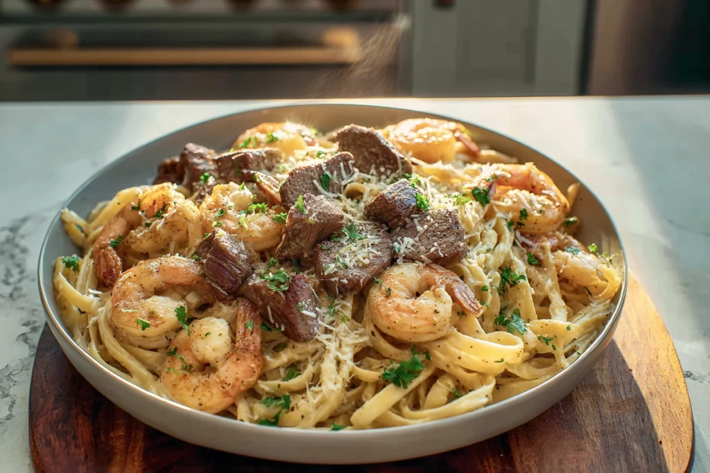 Cajun shrimp and steak alfredo pasta ready to serve