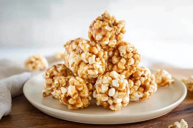 homemade caramel popcorn balls on a ceramic plate in a cozy kitchen