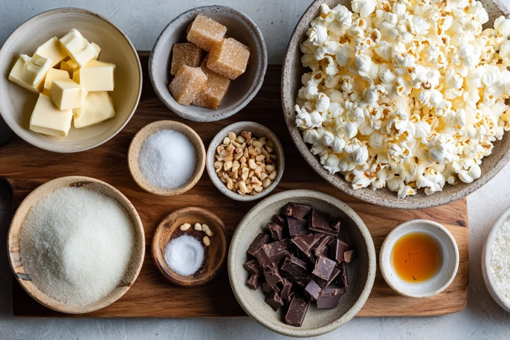ingredients for caramel popcorn balls arranged on a wooden kitchen counter