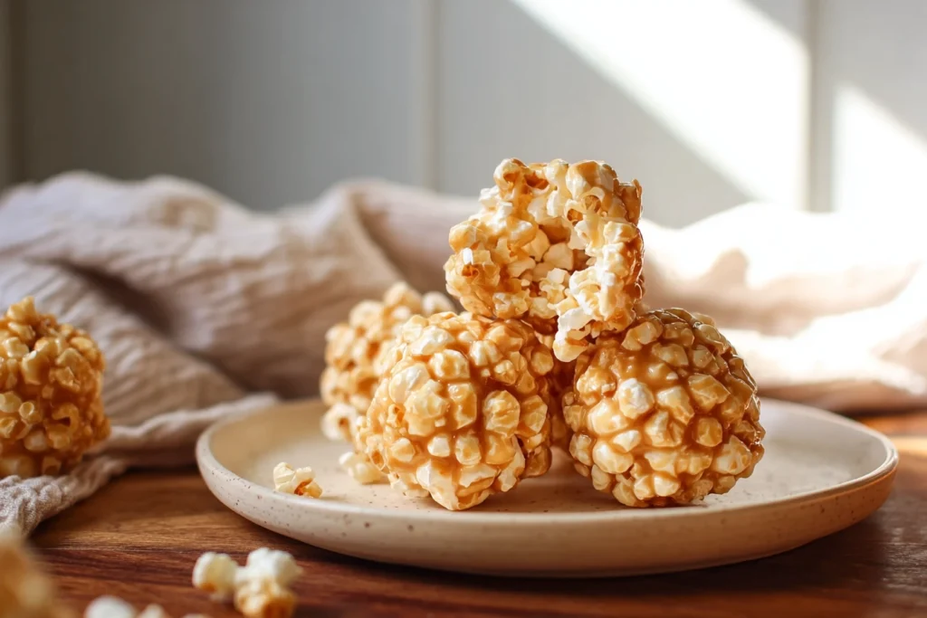 caramel popcorn balls served warm with a soft chewy center