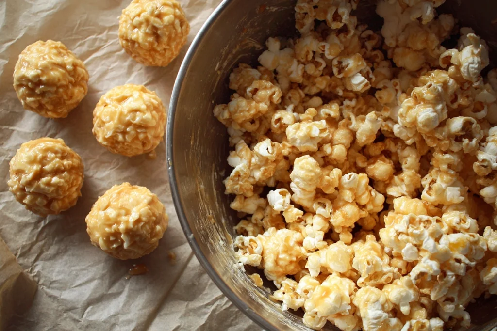 shaping caramel popcorn balls on parchment paper in a home kitchen