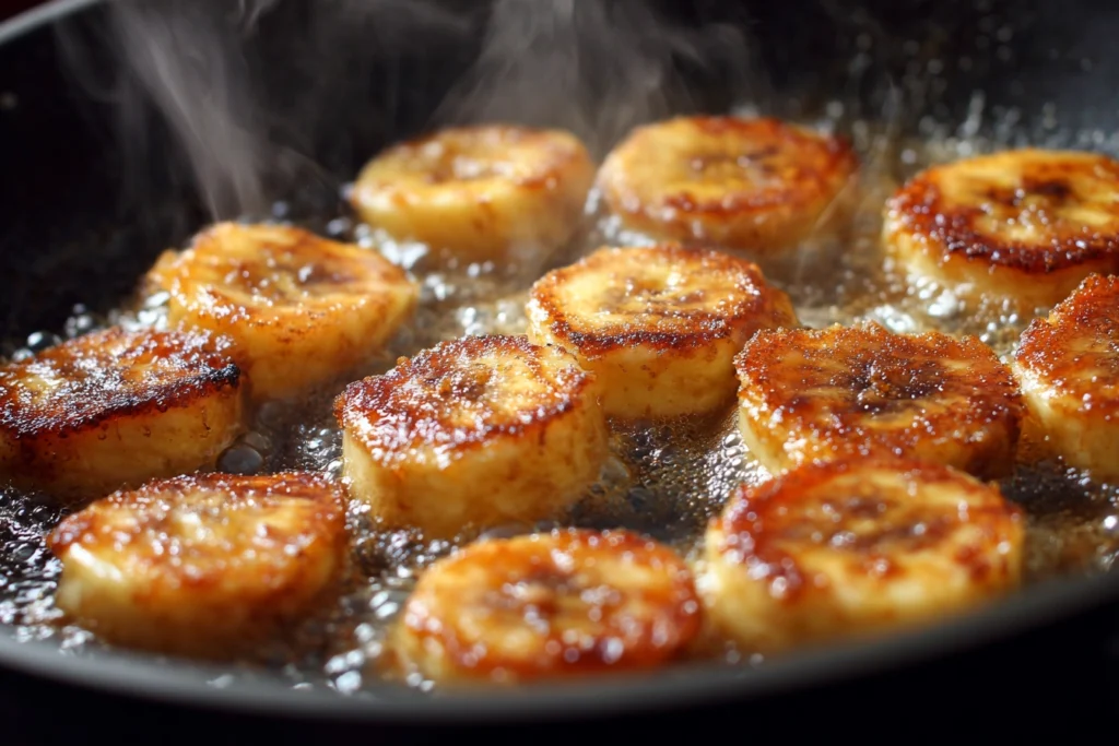 Banana slices caramelizing in a pan for pan fried cinnamon bananas