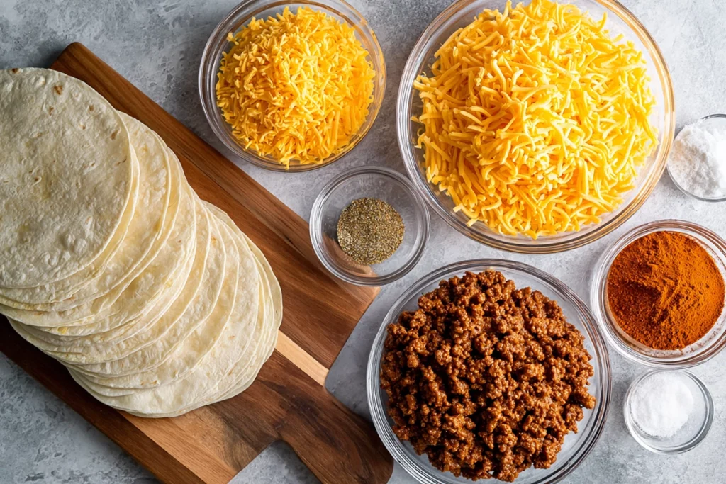 Ingredients for Cheesy Taco Sticks arranged on a wooden counter