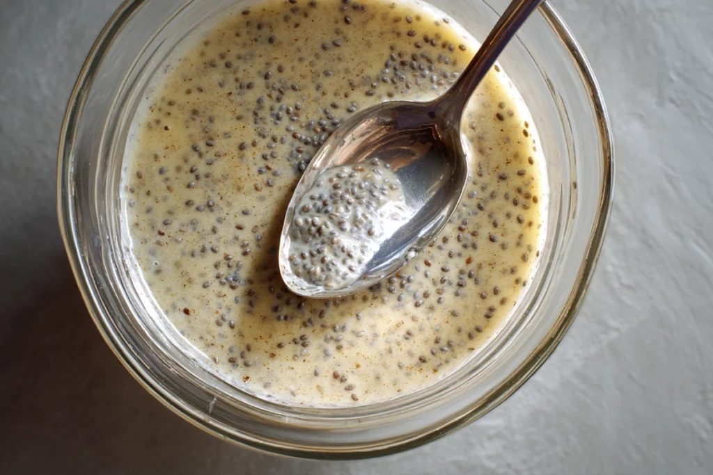 Chocolate chia pudding thickening as the chia seeds absorb liquid