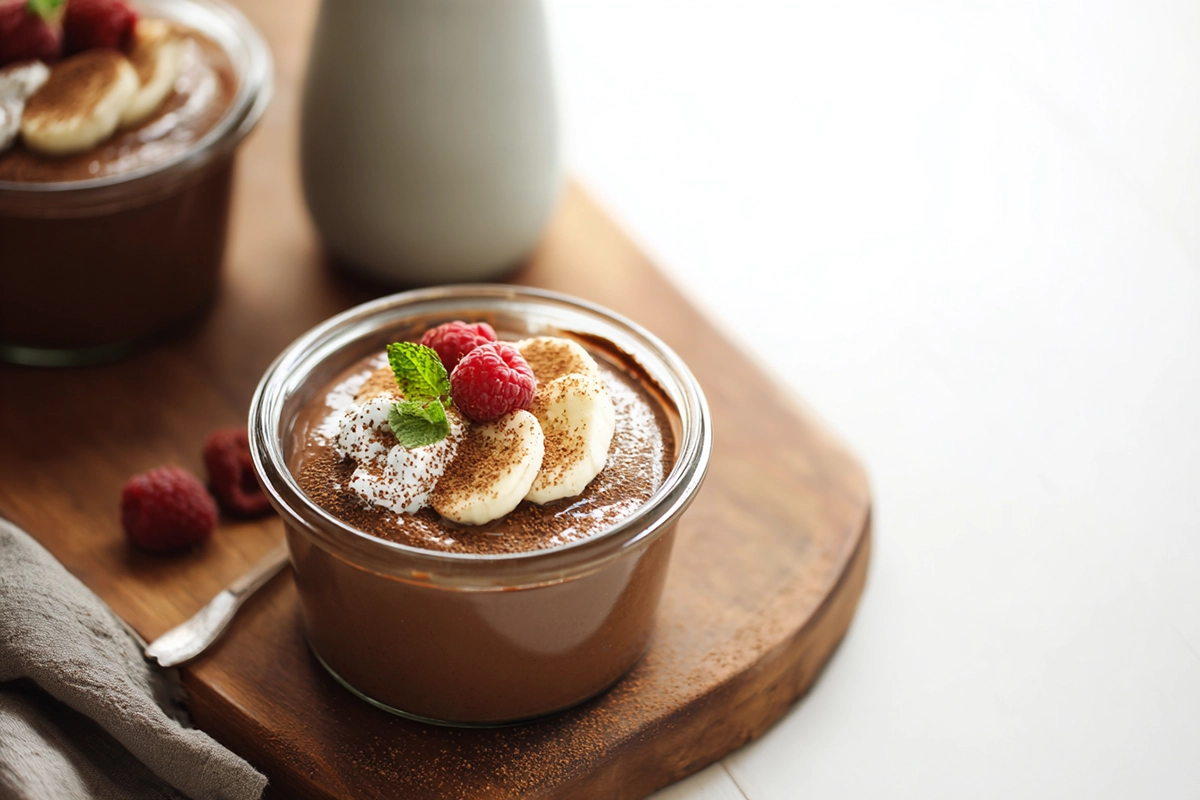 A bowl of chocolate chia pudding served in a cozy home kitchen with natural light