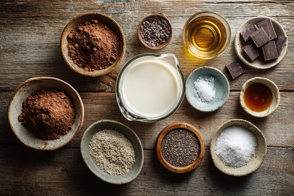 Ingredients for chocolate chia pudding arranged on a wooden kitchen counter