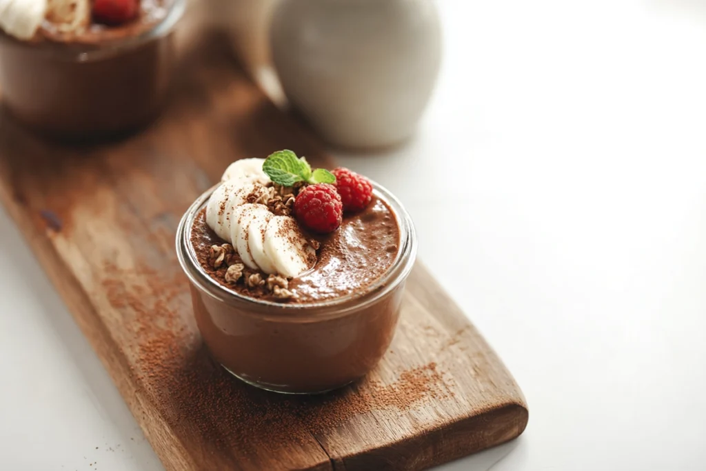 Spoonful of chocolate chia pudding showing creamy texture in a home kitchen
