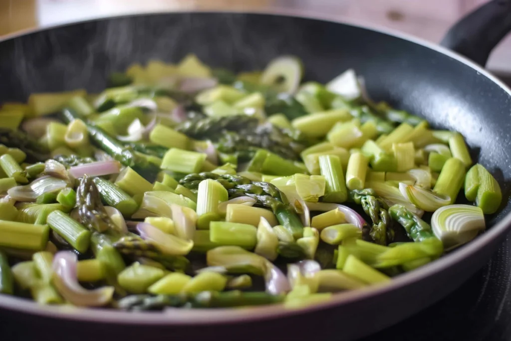cooking asparagus and leeks for frittata in skillet