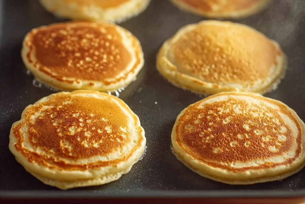 Fluffy pancakes cooking on a non-stick skillet