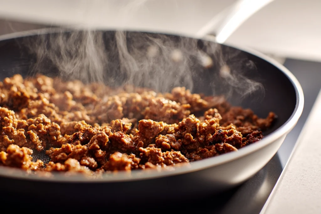 Ground beef cooking in skillet for Korean Ground Beef Bowl