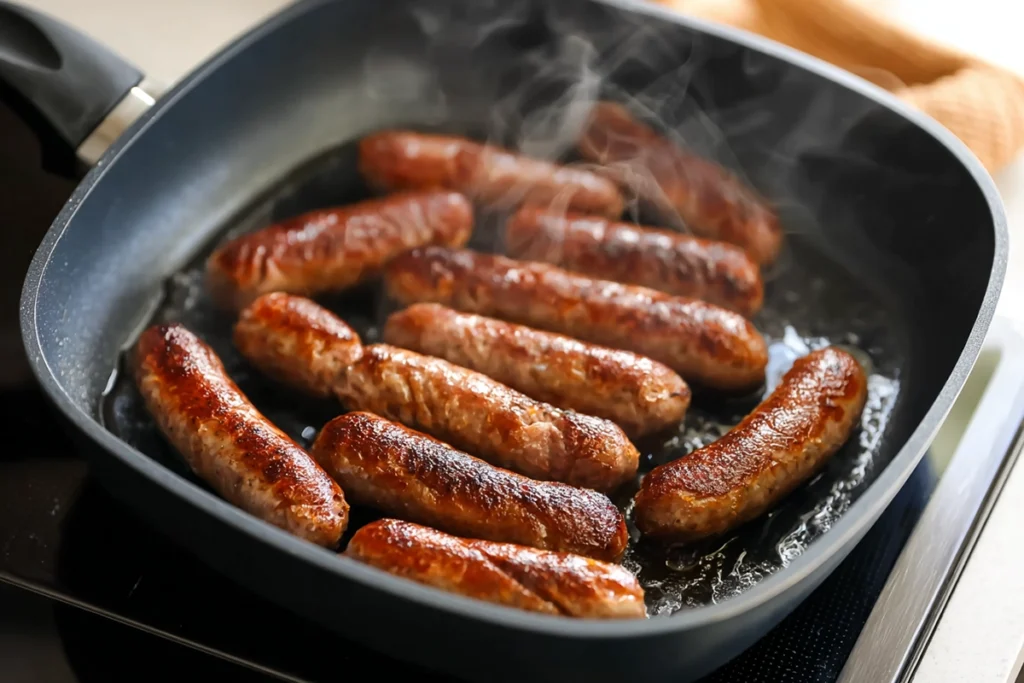 cooking sausage for sausage egg and cheese breakfast roll-ups