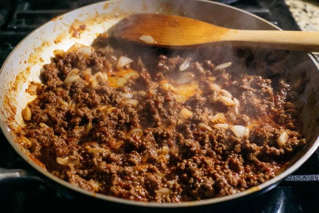 Grilled Cheese Sloppy Joes That Taste Like Pure Comfort 8 Browning ground beef and onions for grilled cheese sloppy joes