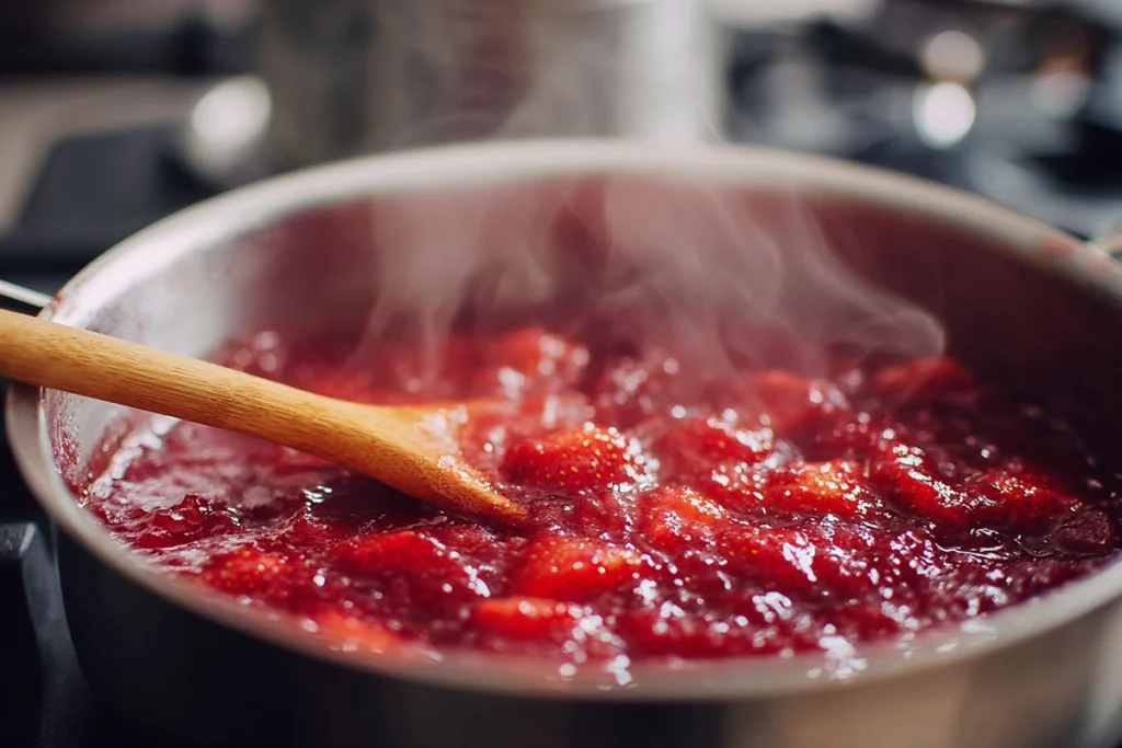 Strawberry filling cooking down for homemade strawberry cinnamon rolls