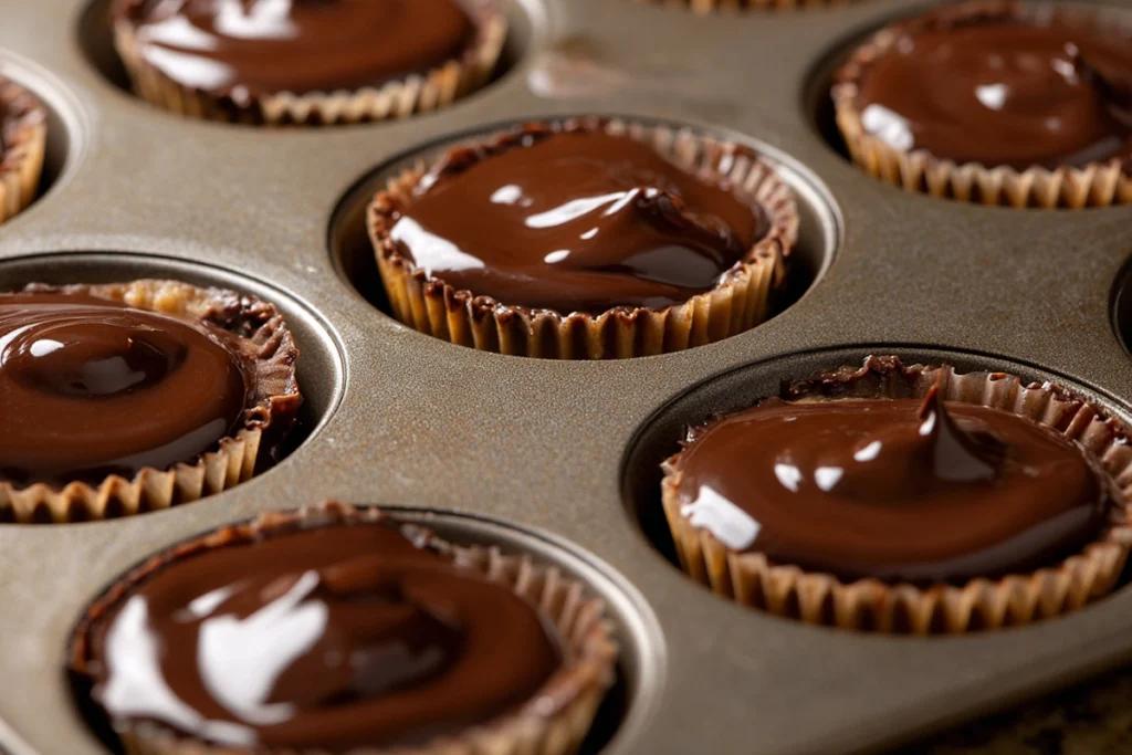Melted chocolate being spread over peanut butter cups before chilling