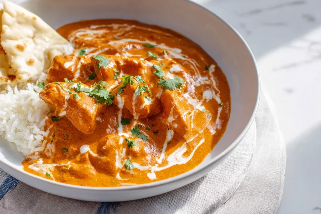 Creamy Butter Chicken With Soft Fluffy sauce shown up close just before serving