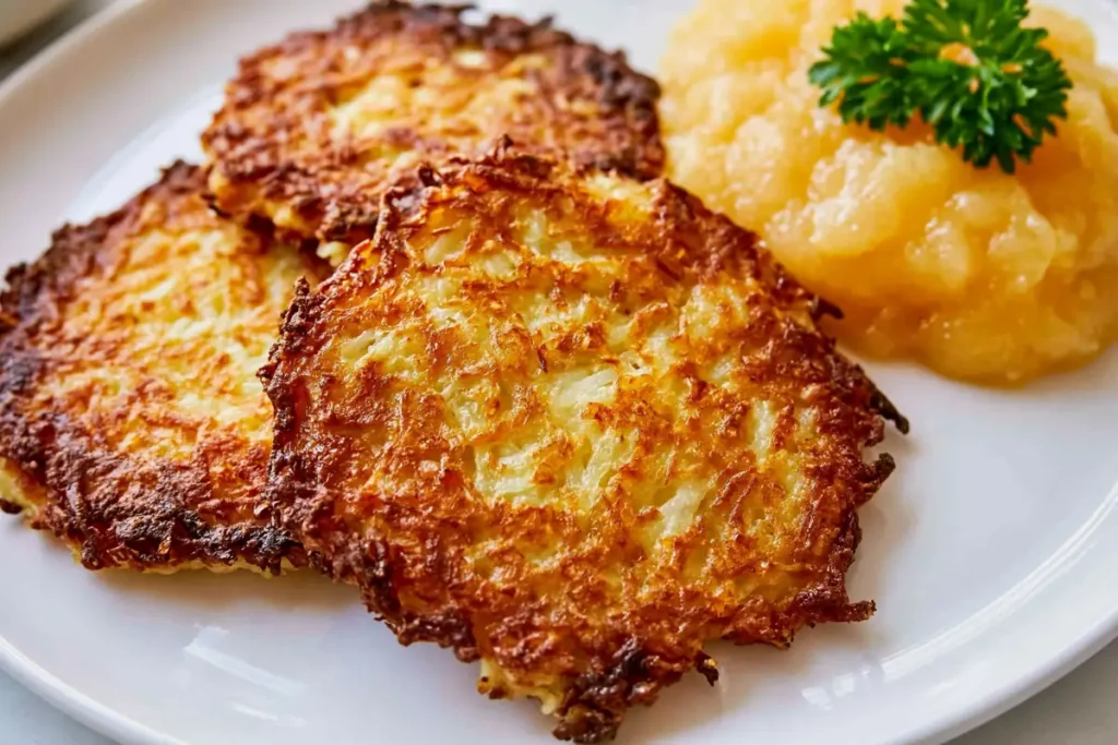 German Potato Pancakes with Crispy Golden Edges 2 Crispy German Potato Pancakes with applesauce on a white plate
