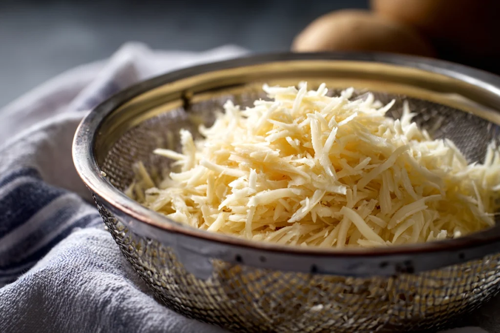 Draining grated potatoes for Perfect German Potato Pancakes