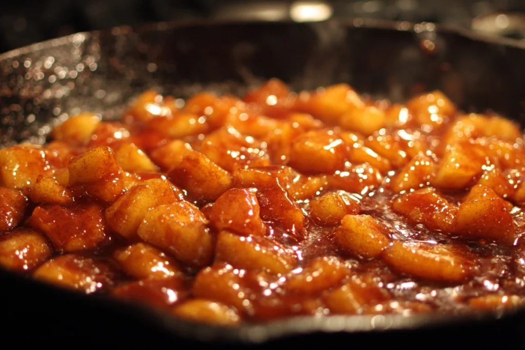 Cinnamon apples cooking in a skillet until soft and glossy for easy cinnamon apples