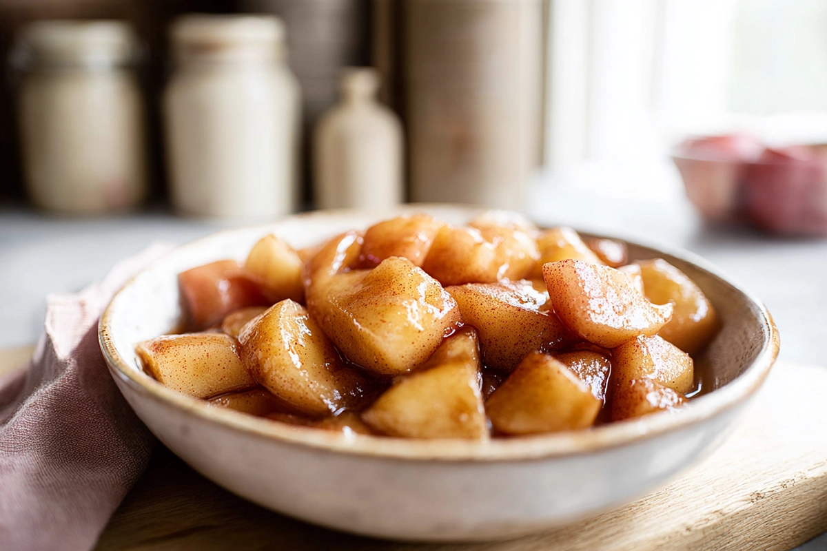 A warm bowl of easy cinnamon apples served in a cozy home kitchen with soft natural light