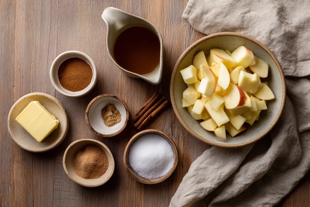 Ingredients for easy cinnamon apples arranged on a wooden counter in a cozy kitchen