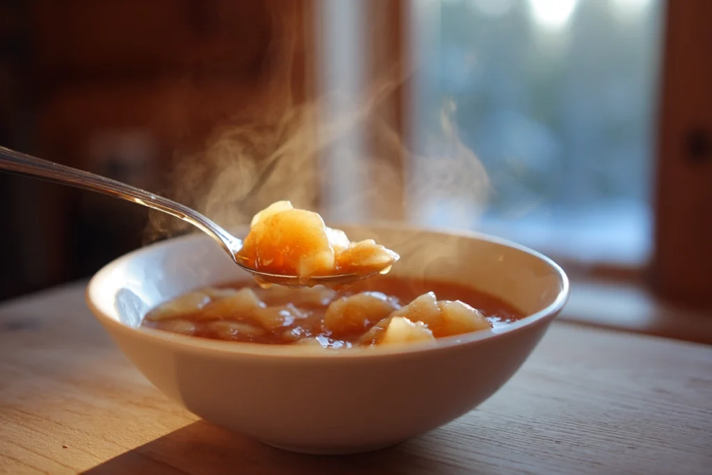 A spoonful of easy cinnamon apples showing their soft texture and warm syrup