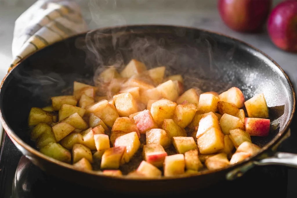Apples softening in a skillet while making easy cinnamon apples on the stovetop