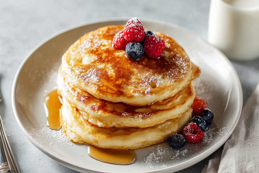 Serving fluffy pancakes with syrup and fresh berries