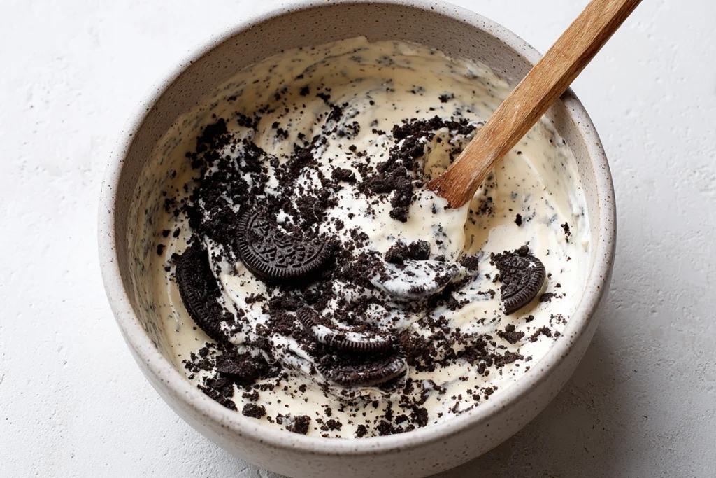 Oreo cookies folded into No Churn Cookies and Cream Ice Cream base
