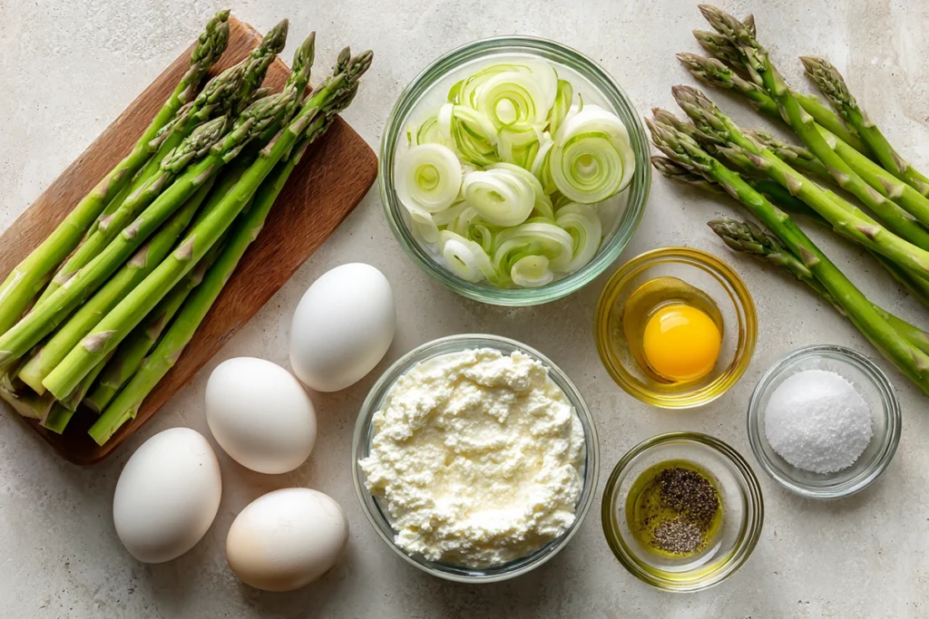 ingredients for frittata with asparagus leek ricotta arranged overhead