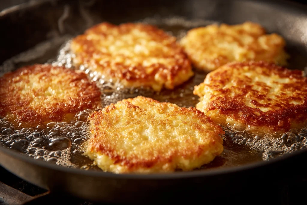 Perfect German Potato Pancakes frying until golden and crispy